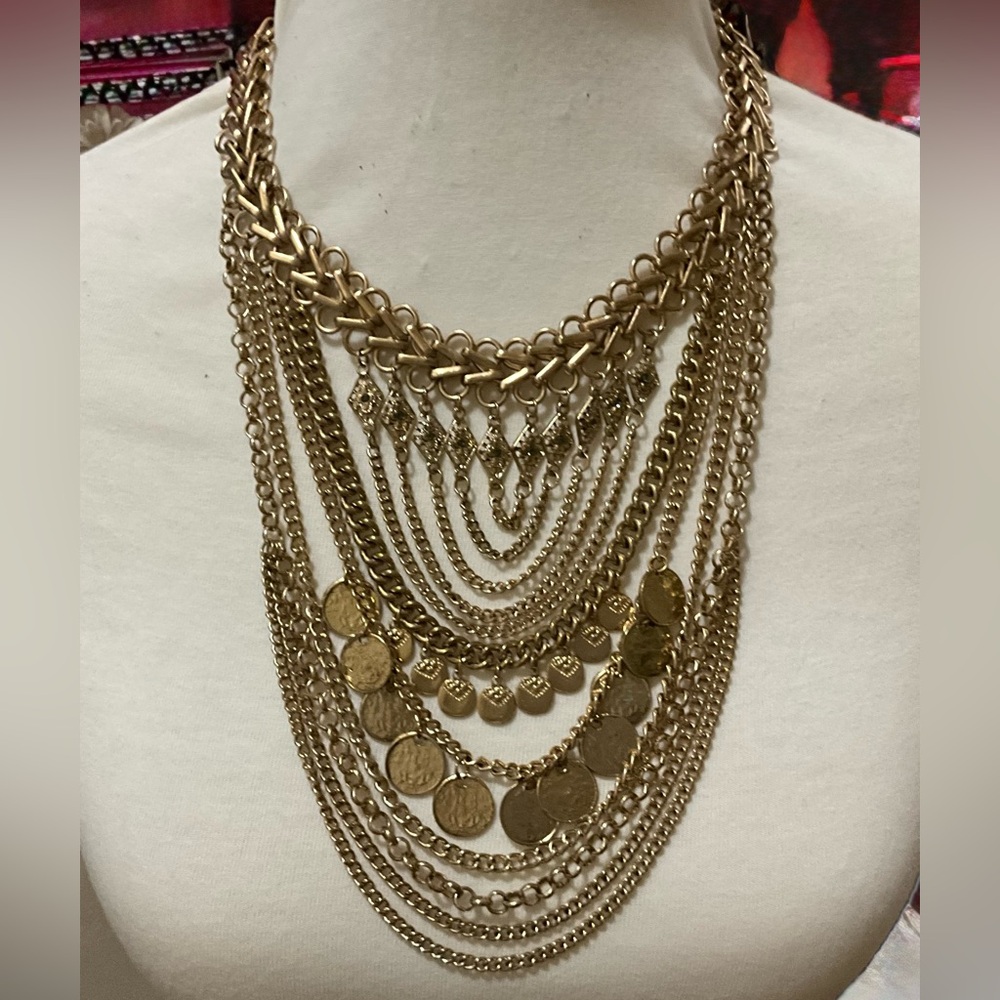 Boho Gold Tone Multi Strand Coin Statement Necklace Festival Layered Bib